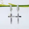 Pendientes de aro con cruz de diamante natural real de dos hileras de oro de 14 quilates de joyería fina de alta calidad para hombres y mujeres