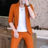 Ternos masculinos moda verão 3 / 4 três quartos manga cortada calça terno define fino sólido fino ajuste blazer 2 peças casaco superior