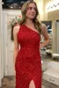 Red Sequins Prom Dresses One Shoulder Evening Gowns with Slit Backless Formal Evening Party Dress Open Back