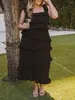 カジュアルドレスlicupiee女性フリルレイヤードミディドレス夏の正方形の首のボディボディコン長いノースリーブサイドスリットお世辞サンドレス（ベージュ