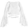 Blouses pour femmes offres de vêtements femme manches trompette col en v nombril exposé chemise longue avec haut à nouer Blusas Fmininas