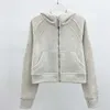 Damen Lu-98 gebürstete Kapuzenjacke mit durchgehendem Reißverschluss, Sportbekleidung, Yoga-Outfits, Kapuze, Workout, Laufmantel, Laufmantel mit Taschen, Outdoor-Fleece, Daumenloch, hoch