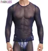 Transparentes Netz-T-Shirt für Herren, durchsichtiges Netz-T-Shirt, sexy Langarm-T-Shirt, Homme, schmale Passform, durchsichtiges Netz-Oberteil, Unterhemden XL 2105222624570