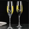 Copos de vinho 2 pçs casamento champanhe conjunto de vidro torrando flauta com strass cristal aro corações decoração bebida copo dropship