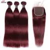 Synthetic Wigs 99J Straight Bundles With Closure Burgundy Hair Bundles With 5x5 Closure Brazilian Red Colored Bundles With 4x4 ClosureL240124