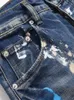 Blue Paint Inkjet Jeans Skinny pour Hommes Coupe Slim Stretch Pantalon Déchiré Petit Droit Hip Hop Distressed Streetwear Pantalon Punk Peint
