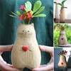 Vasos feitos à mão de madeira gato vaso de madeira maciça artesanal vaso de piso alto sólido vasos de carne em massa vasos de cerâmica para flores 14 polegadas l24