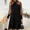 Casual Dresses Spring And Summer Women'S Fashion Elegant Bow Mesh Patchwork Long Sleeve Dress Plus Size Black Outfits Woman Clothing