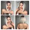 ショートストレートボブ合成ウィッグミドルパーツブラックアンドホワイトブロンドヘアダークルーツ女性合成髪の毎日の耐熱性230125