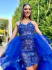 Royal Blue Short Prom -klänningar med löstagbara tåg Ruffles kjol Kvinnliga festklänningar Illusion Formell aftonklänning