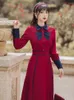 Vestidos casuais estilo britânico design vintage vestido vermelho contraste cor puff manga real princesa festa magro mulheres outono / inverno midi