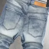 Jeans masculinos verão moda homens retro luz azul liso lavado elástico curto rasgado em relevo designer vintage denim shorts