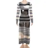 Robes décontractées Femmes Stripe Trinet Voir à travers la robe Patchwork Long Manche O-cou Maxi Bodycon Stretch Skinny Sexy Midnight Vestidos