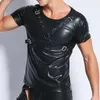 Herren-T-Shirts, sexy PU-Leder, schwarzes T-Shirt, schmale Nieten-Verband-Oberteile, kurze Ärmel, T-Shirts, Männer, Wet-Look, Latex, Nachtclub, Catsuit