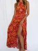 Sukienki swobodne letnie sukienki Kobiety Buho kwiatowy nadruk kantarka szyi maxi bez rękawów