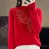 Designer Women's Clothing New Year Celebration 100% Wool Big Red Top Women's knitwear New Hot Diamond Thickened Short Knitted Sweater Clothing Fashion SweaterNSM7