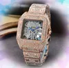Relógios de esqueleto oco quadrado Top Quality Mens Iced Out Sky Starry Diamonds Anel Bezel Relógio Luxo Japão Quartz Movimento Cadeia Pulseira Relógio de Pulso Presentes