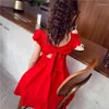 Robes de fille en mousseline de soie filles robe avec nœud papillon été princesse fête de mariage rouge enfants vêtements gilet pour enfants