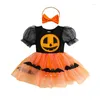 Vestidos de menina adorável conjunto de 2 peças de macacão de Halloween para meninas pequenas - com malha tutu tule abóbora morcego estampado mangas bufantes