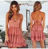 Robes décontractées dentelle jarretelle robe de soleil été sexy dos nu sans manches plissé mini fête femme plage fraîche et douce