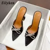 Тапочки Eilyken, летние острые тапочки с узлом-бабочкой, кристальные тапочки на толстом каблуке, сексуальные уличные женские модельные туфли с квадратным носком, Zapatilla de mujer J240125
