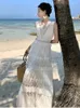 Casual Dresses Summer Bohemain Cotton Hollow Out Long Dress Runway Woman V-neck Lace Patchwork Slim High Waist Beach White