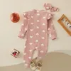 Tregren 018M born Baby Girls Romper Sweet Heart Print Long Sleeve Crew Neck Jumpsuit With Bow Knot Headdress Fall Clothing 240125