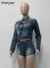 Kvinnors träningsdräkter Casual Streetwear Spring Club Outfits For Women Stretch Denim O-Neck Långärmare Jackor Crop Tops och Shorts Jeans 2