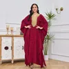 Ethnic Clothing Embroidered Gold Bubble Bead Bat Sleeve V-neck Loose Ruffled Long Dress Middle Eastern Muslim Women