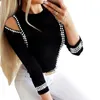 Bluzki damskie kobiety Slim Fit Top Stylish Rhinestone Expellised O Neck Tops Office Lady Bluzka Sheer Mesh Patch Pullover Modna