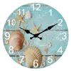 Wall Clocks Beach Sea Starfish Shells Blue Wall Clocks Non Ticking for Girl Boy Bedroom Bathroom Kitchen Living Room Office Round Clock