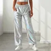 Damenhose, weites Bein, metallisch, hohe Taille, holografische Streetwear-Hose mit reflektierendem Schimmer, Hip Hop