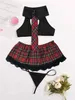 Sexig uppsättning 2023 Ny sexig underkläder Hot British Style Vest + Lace Plaid kjol Tie Open Bra Thongs SM Cosplay School Girl Erotic Lingerie Set