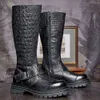 Fahion botas masculinas altas de joelho, retrô, padrão de crocodilo, couro genuíno, artesanal, confortável, elegante, 2024, sapatos de festa masculinos