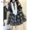 Casual Dresses Korean Sweet Sweet Girl Ruffle Edge Spliced ​​Princess Dress Midje inslagen fluffig kjol Lång ärm a-line kort för kvinnor