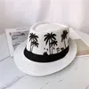 Boinas Sombrero de Panamá de paja Hombres Sombreros Fedora Cinturón negro Patrón de árbol Gorras Trilby Verano Jazz Transpirable Moda Sombrero para el sol Gorra