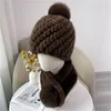 Conjunto feminino de pele de vison real + cachecol de pele de vison real, gorros de malha, boné elástico, gola quente de inverno