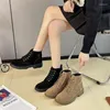 Bottes à talons épais pour femmes, avec doublure simple en peluche, jambe courte en option, Version coréenne d'hiver, tête ronde à nouer