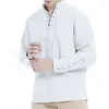 メンズTシャツ2024夏の長袖Tシャツコットンリネン服vネックレースアップルーズトップシャツビーチカジュアルプルオーバーS-3XL