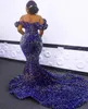 Fashion Blue Mermaid Prom Dress Off the Shoulder Paljett Evening Formal Gala Glows Birthday Wear African Style Robe de Soiree