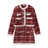 Kjolar Autumn Winter Retro Small Fragrance Style Plaid Button Woolen Jacket Women's Short/Long Slant Temperament Kjol Two-Piece Set