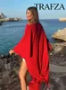 Blouses pour femmes TRAFZA automne asymétrique Cape Style rouge Satin chemise à la mode col rond décontracté longues vacances 2024