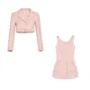 Arbetsklänningar Autumn Pink Elegant Two Piece Set Women Korean Style Balzer Coat Strap Mini Dress Kvinnlig solid Slim Designer 2024