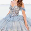 Abiti Quinceanera scintillanti blu cielo 2024 Abiti da cerimonia di lusso formali con perline in pizzo Tull Sweet 15 Abiti da ballo con ballo di laurea Gwon