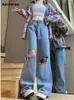 Jeans da donna Aotvotee strappati per le donne 2024 moda tinta unita pantaloni in denim allentati casual streetwear hip hop gamba larga a vita alta