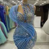 2024 ASO EBI Sky Blue Meerjungfrau Prom Kleid Paillierte Perlenkristalle Sexy Abend formelle Party Zweiter Empfangsgeburtstag Verlobungskleider Kleider Robe de Soiree ZJ65