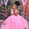 Abiti da festa di compleanno per bambini rosa Abiti gioiello in pizzo con applicazioni di perline Abiti da ragazza di fiori a strati Abito da ragazza di fiori in tulle Abito di comunicazione Abiti per ragazze nere F051