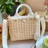 Bucket Straw Bag Tote Vegetable Basket Summer Vacation Beach Straw Bags Shoulder Handbag Purse Women White Weave Shopping Travel T323C