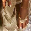 Slippers Beach Shoes Women Summer Rubber Flip Flops Pantofle Big Size Slides Sabot Flat Hawaiian 2024 Glitter Fabric Crystal PU