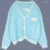 Women's Knits Blue Cardigan For Autumn Winter Bird Embroidery Special Knit Cardigans Lazy Style Vintage Swift Sweater